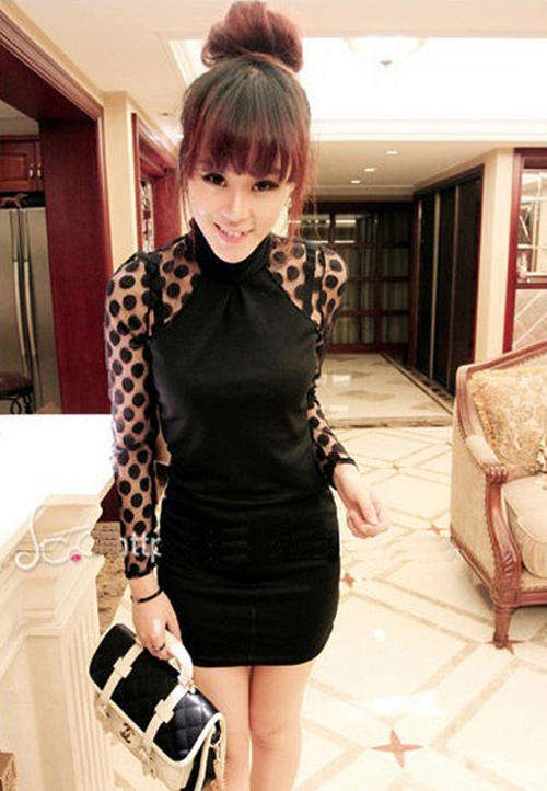 Sexy Night Out Mesh Sleeves with Polka Dot Dress (Available in Blue & Black only)